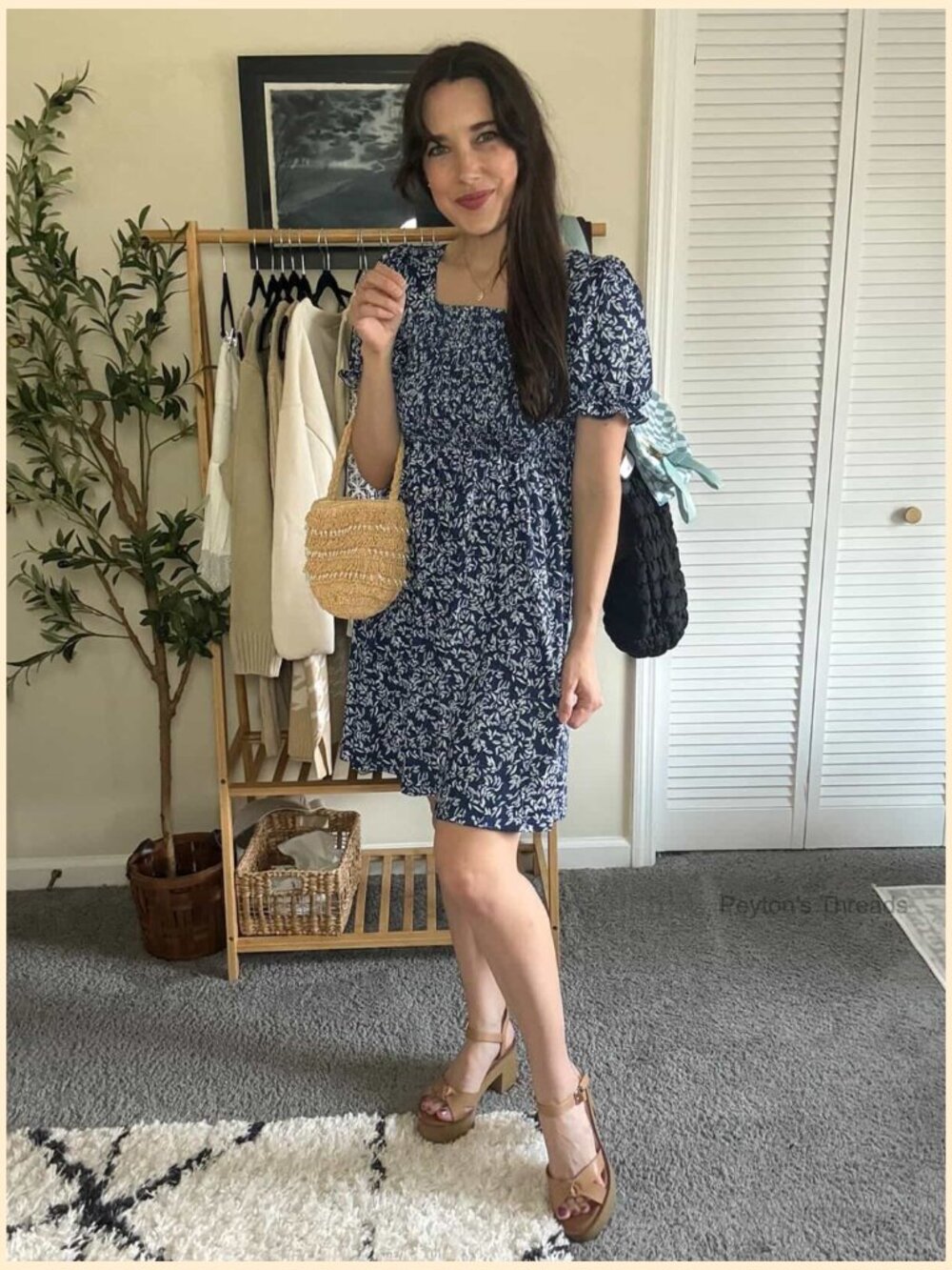 Women's Square Neck Short Puff Sleeve Floral Smocked Swing Dress with Pockets - Picture 7 of 7
